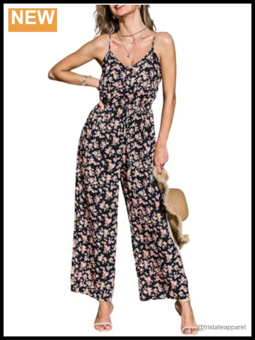 Women's Floral V Neck Spaghetti Strap Wide Leg Jumpsuit Sleeveless Rayon